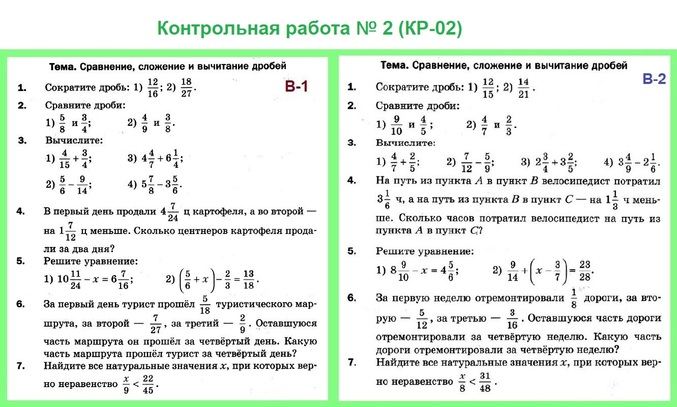 Контрольная работа № 2 по математике 6 класс "Сравнение, сложение и вычитание дробей" (Мерзляк)