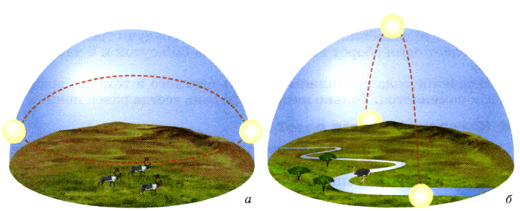 Рис. 87. Видимое суточное движение Солнца по небосводу 22 июня: а — на Северном полярном круге; б — на Северном тропике